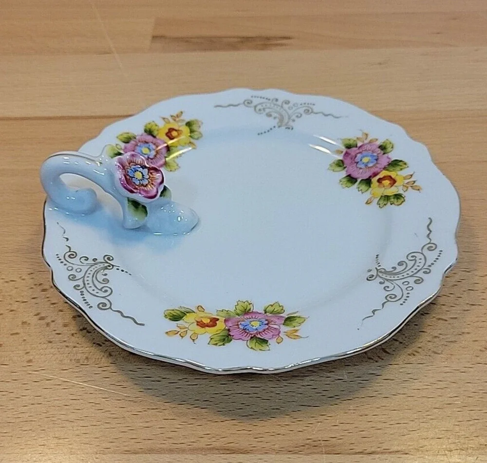 Vtg Hand Painted Candy Trinket Dish Japan Flowers Handle Granny Calling Card